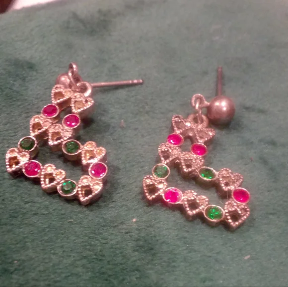 3/$18 Holiday Stocking Dainty Dangle Earrings Ruby Emeralds Sterling Silver - Picture 6 of 10
